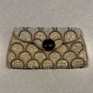 Vintage Elegant Beaded Clutch in Cream and Brown